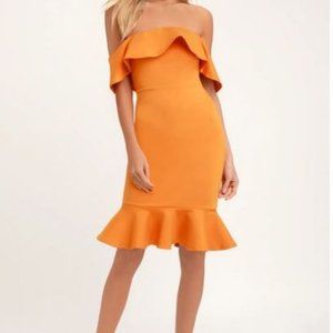 Orange Off-the-Shoulder Bodycon Midi Dress